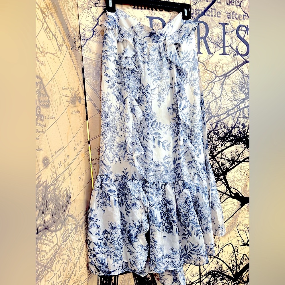 NWT Toile midi skirt elastic waist tie ribbon blue china floral print nordtrom